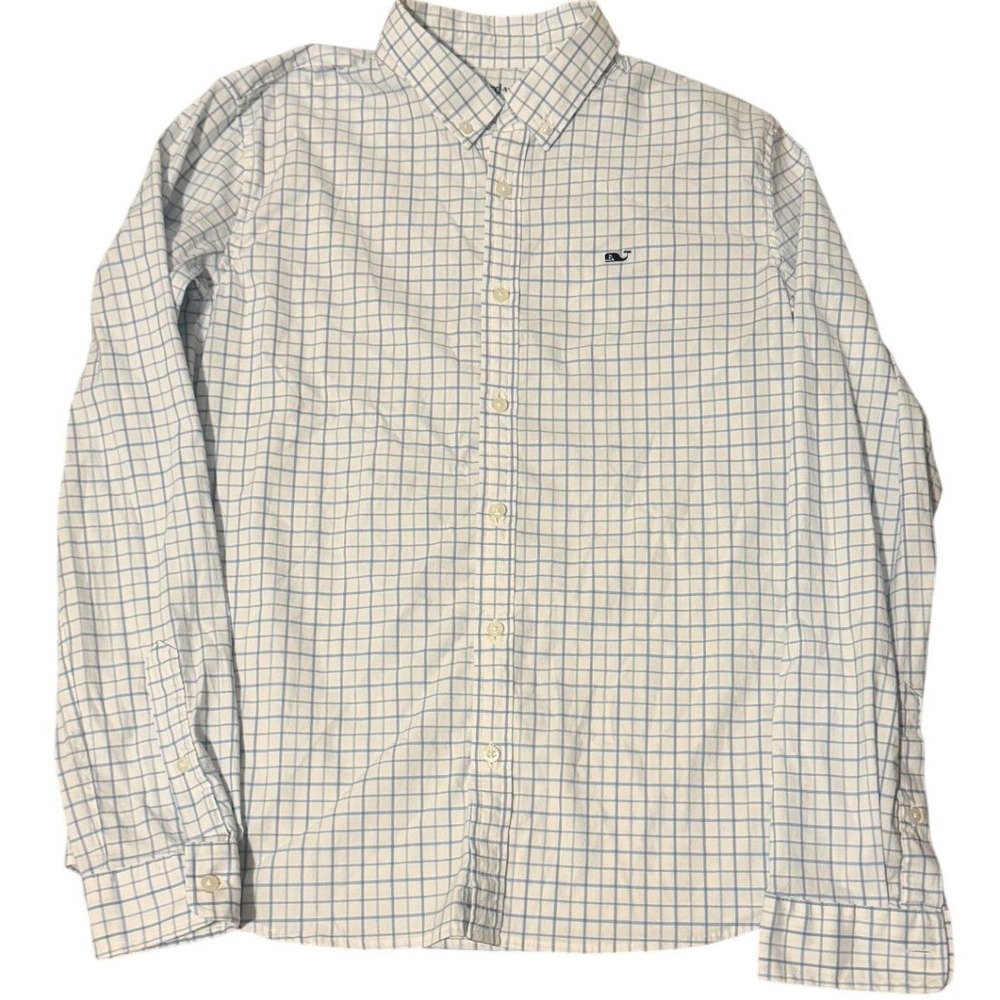 Vineyard Vines Boys XL 18 Performance Cotton Blue White Windowpane Check Shirt